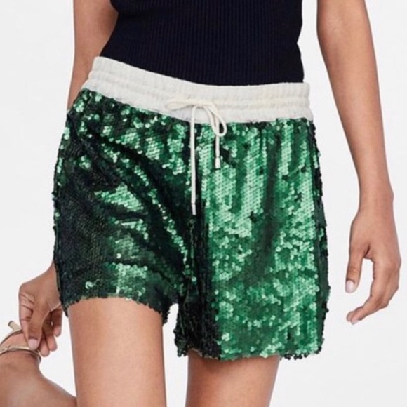 Zara Matte Green Sequin Shorts Small - Picture 8 of 10